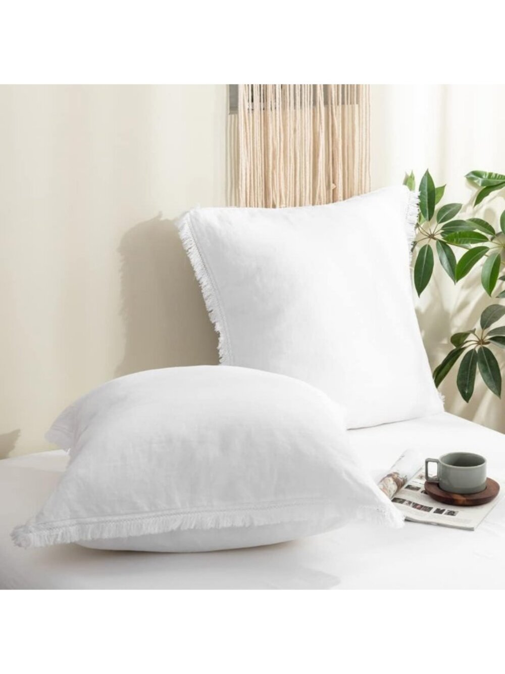 Linen Euro Sham Pillow Covers Set of 2, Decorative Tassel Pillows, Boho Chic